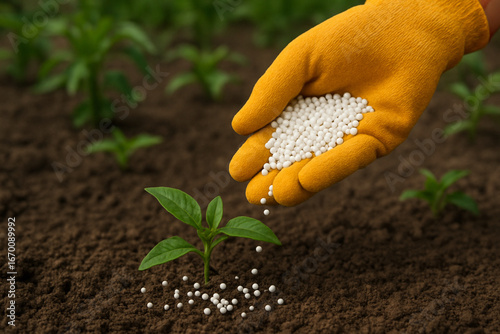 Application of Granulated Urea (Carbamide) Fertilizer into Soil for Plant Nutrition