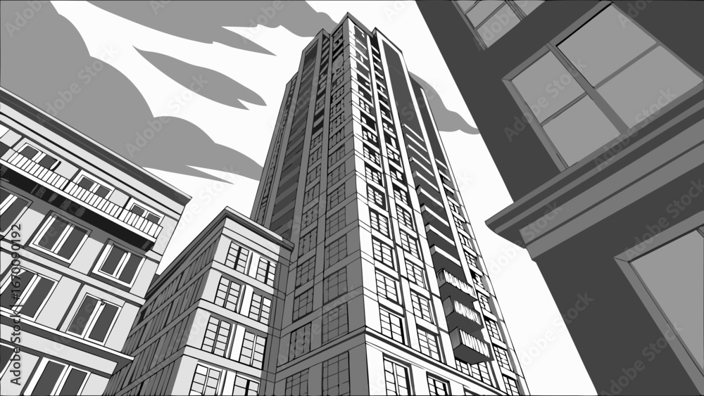 Fototapeta premium Low-Angle View of Modern Skyscraper and City Buildings in Monochrome Illustration.