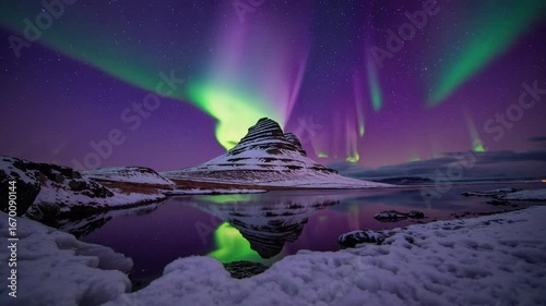 Breathtaking mirrored of iconic mountain peak beneath vibrant  Borealis display and star-filled night atmosphere in Nordic country