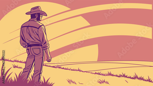 Man in hat looking at sunset over grassy field vector illustration western rural countryside.