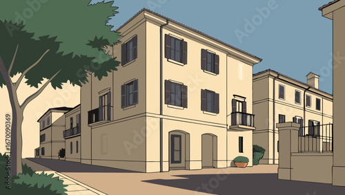 Mediterranean style architecture apartment buildings urban street scene sunny day illustration vector graphic real estate home design building exterior residential area townhouses windows shutters ba.
