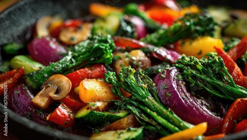 Colorful sauteed mixed vegetables in a dark pan