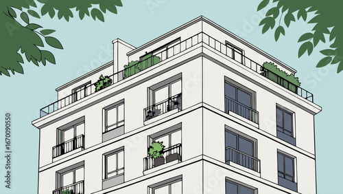 Modern apartment building illustration balconies windows urban architecture city dwelling contemporary design real estate home property residential building exterior architectural drawing house apart.