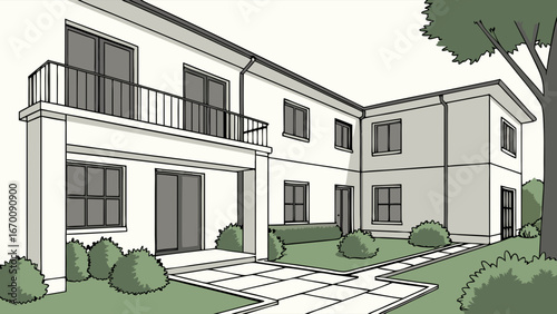 Modern House Exterior Illustration Residential Building Design Backyard Patio Landscaping Home Architecture Drawing.