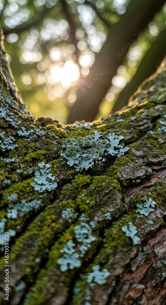 Obraz premium Close-up of a tree trunk, covered in moss and lichen, with sunlight shining through