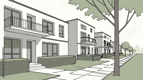 Modern residential architecture suburban street scene contemporary homes tree lined pathway green landscaping home exterior design house illustration architectural sketch real estate illustration pro.