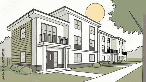 Modern Suburban Townhouses Architectural Illustration Home Design Real Estate.