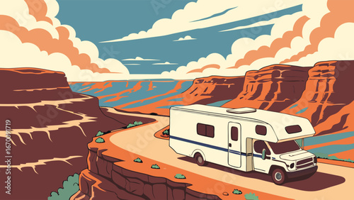 Motorhome Adventure Scenic Road Trip Through a Canyon Landscape.