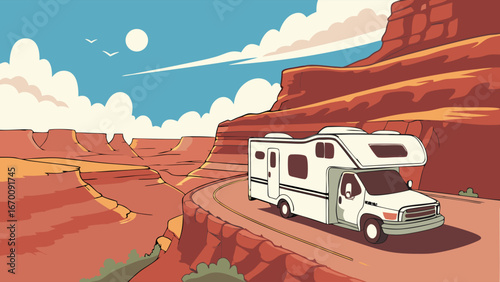 Motorhome driving on a scenic desert road with canyon views.