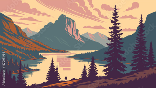 Mountain Lake Landscape Serenity Nature Scene Sunset View Evergreen Trees Vector Illustration.