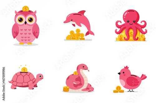 Six pink cartoon animals (owl, dolphin, octopus, turtle, snake, bird) each with gold coins, representing savings or wealth.