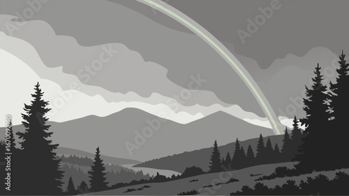 Mountain landscape with rainbow after the rain grayscale illustration nature scenery panoramic view.