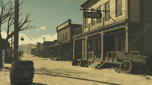 Old West Town Street Scene Western Saloon Desert Landscape Vintage Buildings Wild West Illustration.