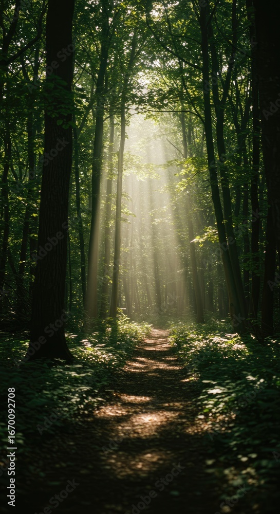 Obraz premium Sunlight streams through a misty forest path (1)