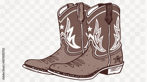 Pair of Brown Cowboy Boots with Western Design Hand-Drawn Style Illustration.