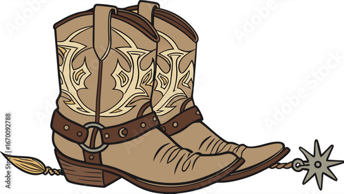 Pair of Western Boots with Spurs - Wild West Fashion Illustration.