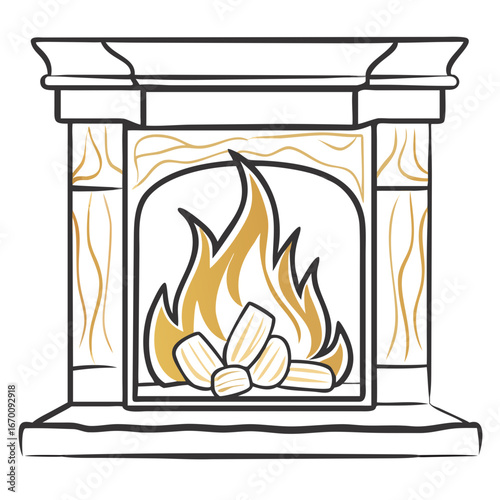 Fireplace with logs and flames in minimalist line art style  