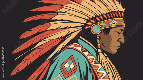Profile of a Native American wearing a headdress with feathers vintage style illustration.