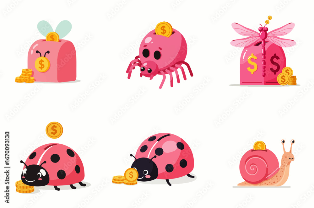 Fototapeta premium Adorable pink insects and piggy banks saving money.