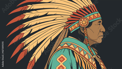 Profile portrait of a person in traditional headdress and attire Native American inspired design vector art illustration.