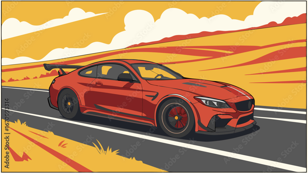 Obraz premium Red Sports Car Driving on a Road with a Yellow Landscape in the Background.