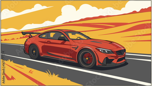 Red Sports Car Driving on a Road with a Yellow Landscape in the Background.