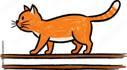 Cat Carefully Balancing on a Narrow Crayon Fence