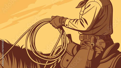 Retro Cowboy on Horseback with Lasso Western Illustration Vintage Style.