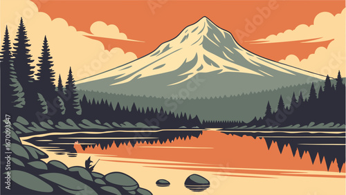 Retro Mountain Lake Landscape Illustration Nature Scene Calm Water Conifer Trees Peak Sunset Sunrise Serenity Peaceful Wilderness Travel Poster Graphic Design Element.