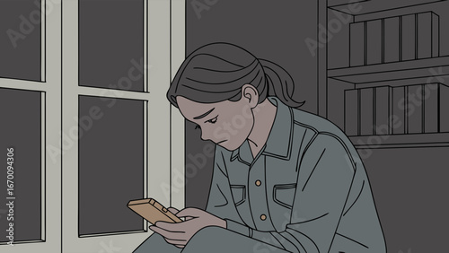Sad Person looking at phone at night digital illustration.
