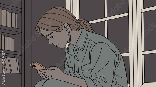 Sad young woman using smartphone at night indoor illustration.