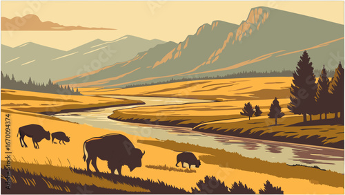 Scenic Landscape Illustration Bison Grazing by River with Mountain Background.