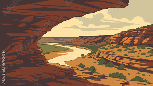 Scenic River Valley View from Cliff Overhang Desert Landscape Illustration.