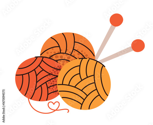Three skeins of yarn of different colors in children's style. Flat vector illustration.