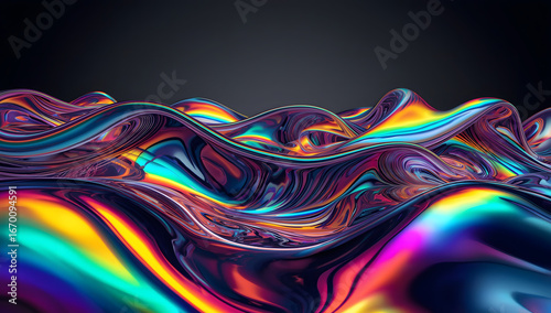 Abstract 3D waves with colorful iridescent liquid texture
