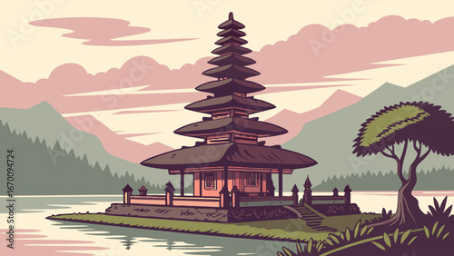 Serene Asian Temple by Water Mountain Landscape Illustration Peaceful Asian Architecture.