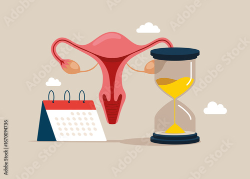 Hourglass. Interval time. Ovulation check. Bleeding Menstrual Period. Tracking menstrual cycle and female reproductive system. Vector female health illustration.