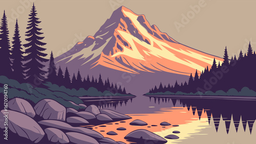 Serene Mountain Lake Landscape at Sunset Peaceful Nature Scene with Coniferous Forest and Rocky Shore.