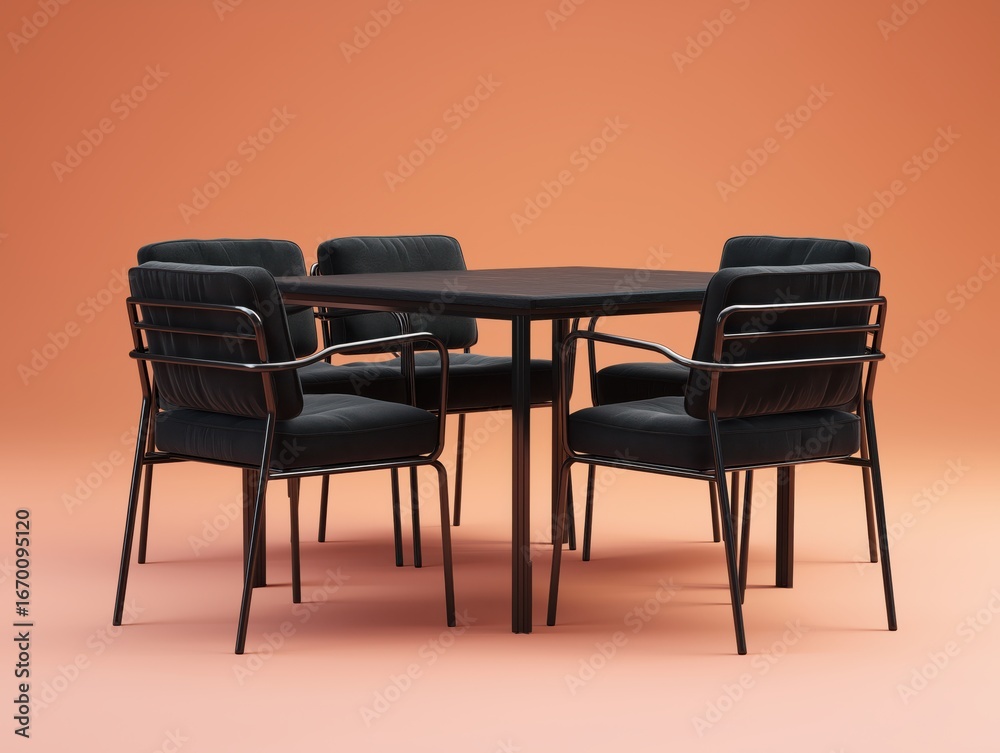 Obraz premium Elegant black dining set with square table and four chairs against a warm peach backdrop perfect for modern interiors and stylish home decor concepts
