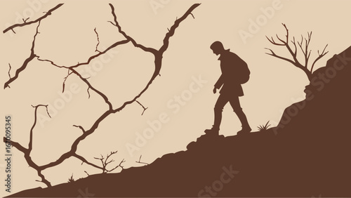 Silhouette of a hiker ascending a hill nature adventure journey travel climbing trekking outdoor activity scenic view landscape backpacking exploration wilderness mountain hill path trail person figu.