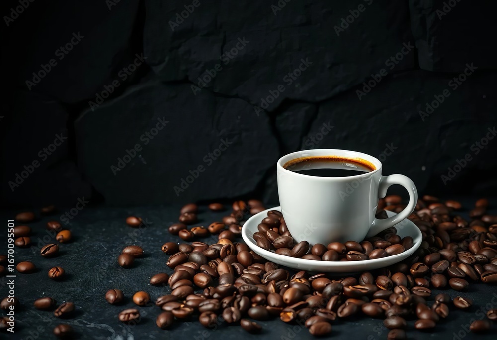 Fototapeta premium Dark stone background, coffee cup, scattered beans, banner format, overhead, drink