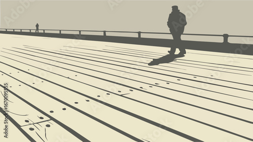 Silhouette of a Person Walking on a Wooden Deck Minimalist Illustration.