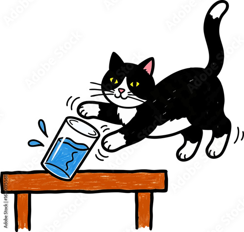 Naughty Tuxedo Cat Knocking Over a Water Glass