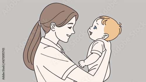 Smiling woman holding a baby happy mother and child illustration childcare parenting family love gentle care vector art.