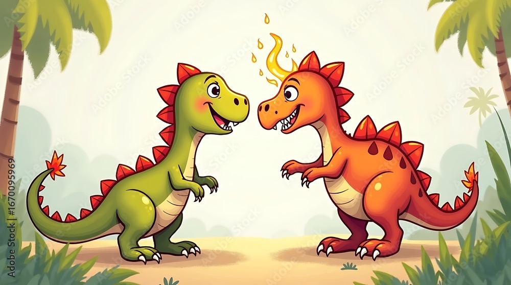 Fototapeta premium A simple sketch of a happy baby dinosaur playing in a fun, prehistoric jungle