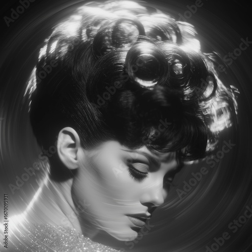 Black and White Creative Portrait, Retro Curly Hairstyle with Light & Shadow Effects for Fashion Beauty, Art Design, Hair Styling Showcase