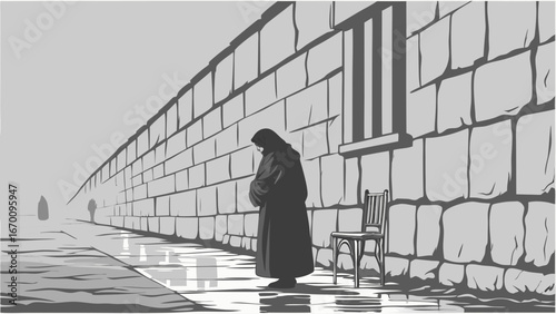 Solitary Figure by a Stone Wall in Monochromatic Illustration.