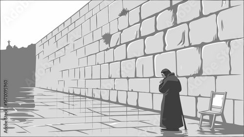Solitary Figure Praying at a Stone Wall Monochromatic Illustration.