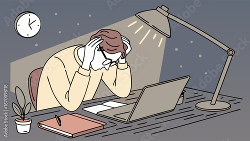 Stressed person working late at night on laptop tired and frustrated.