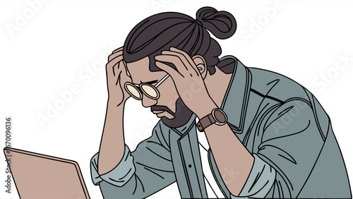 Stressed man working on laptop frustrated tired overwhelmed problem solving digital illustration vector art.